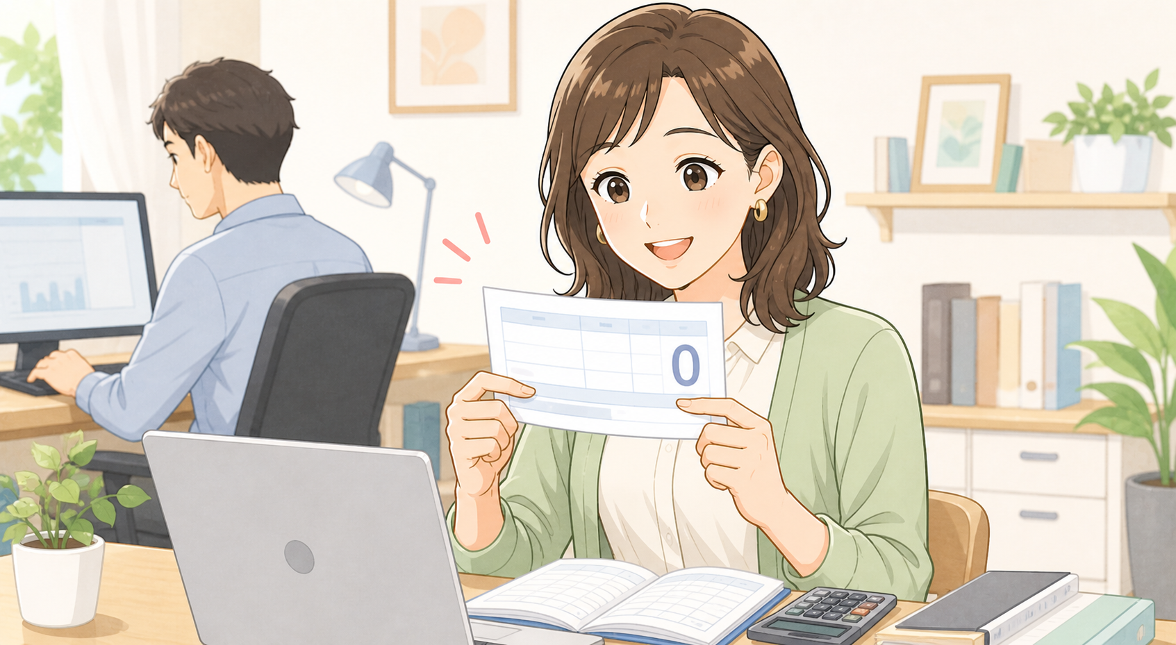 青色事業専従者の奥さんが給与明細を確認、後ろで旦那さんが個人事業の仕事中