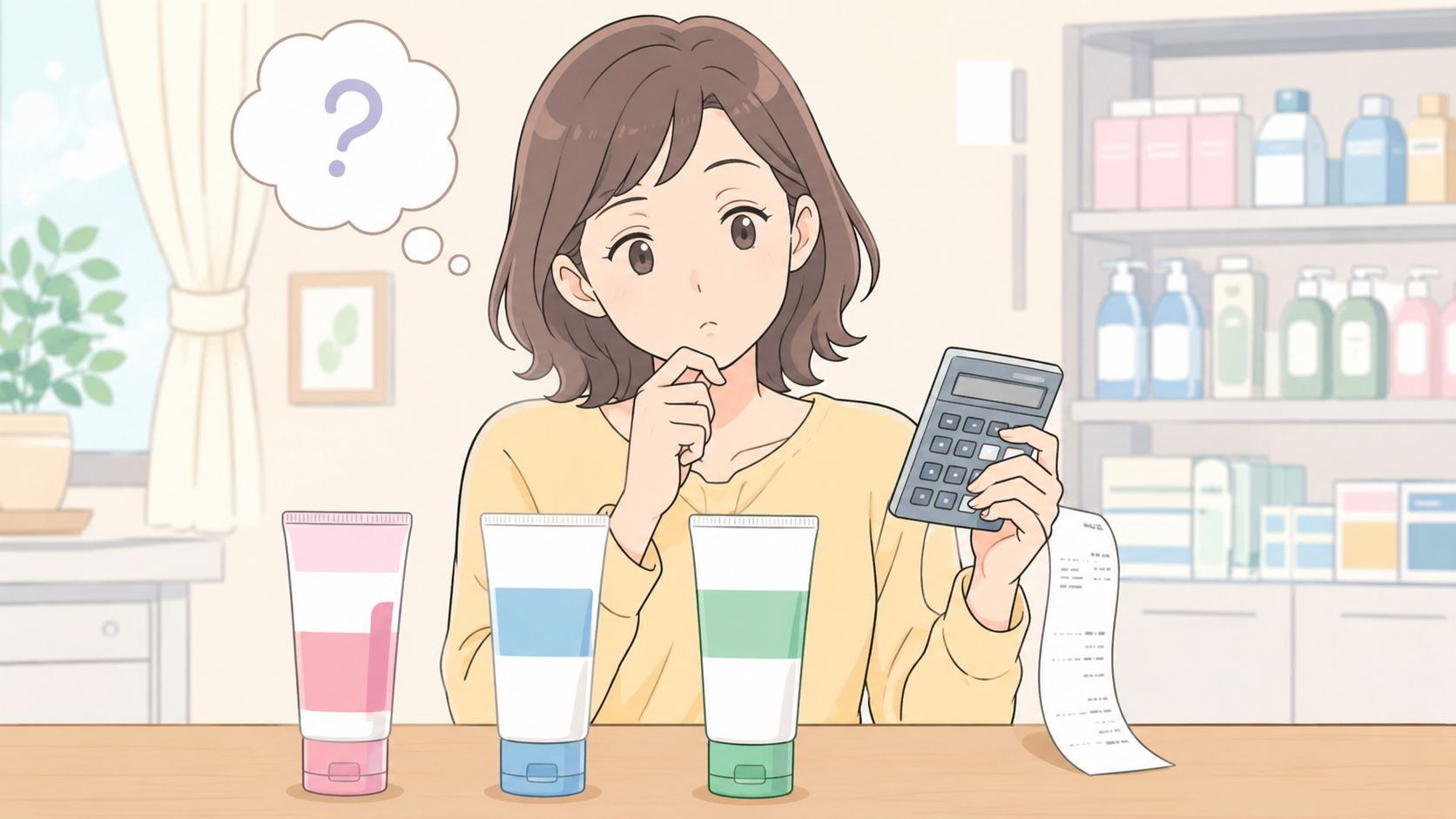 保湿剤を3つの選択肢から選ぶか迷う主婦が、電卓とレシートで価格比較
