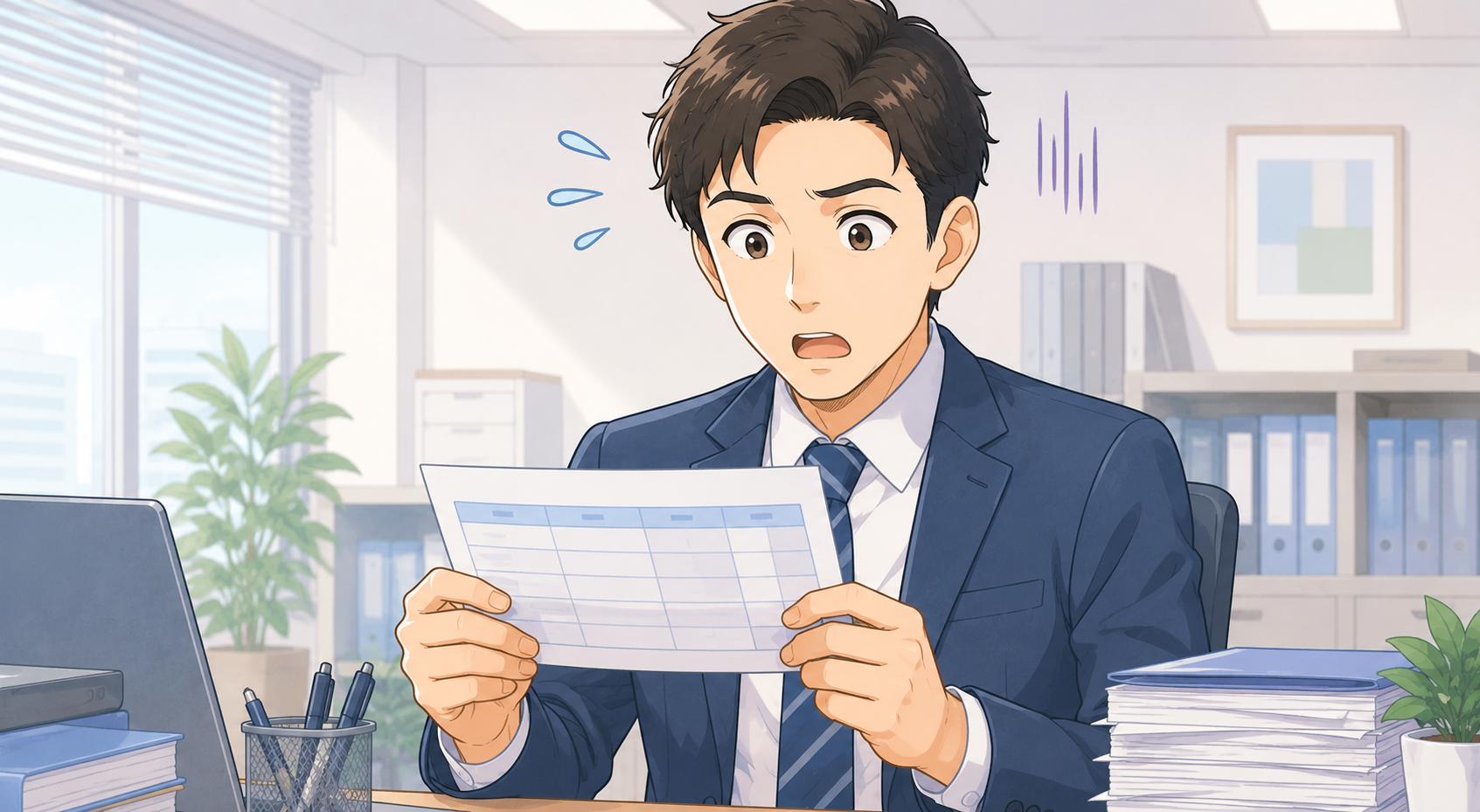 サラリーマンが給与明細を手に持ち、手取りの少なさに驚く表情