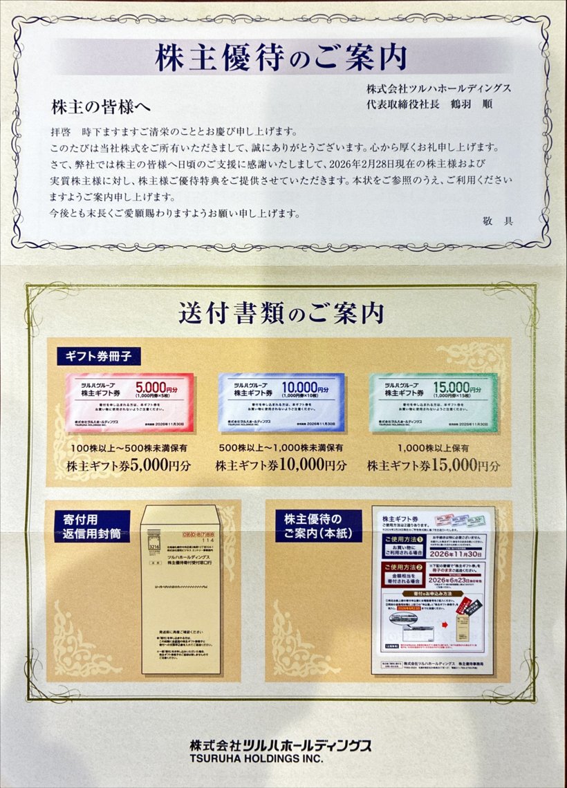 ツルハ株主優待のご案内（保有株数別のギフト券）
